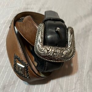 Country Tuff Mens Western Leather Belt Sz38 Blk & Brown Decorated Country Rodeo